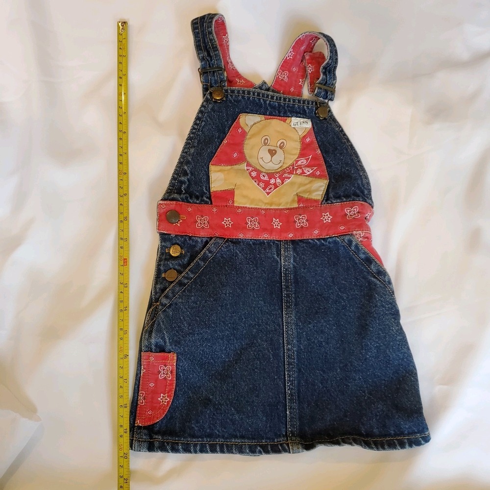 Vintage Guess Bear Overall Skirtall Rare Jean Red Print Made‎ In Usa 24 Months